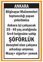 BİLGİSAYAR TOPTANCISI ŞİRKETİMİZE ŞOFÖR BATIKENT BİLGİSAYAR TOPTANCISI ŞİRKETİMİZE ŞOFÖR BATIKENT