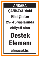 KLİNİĞİMİZE DESTEK ELEMANI ÇANKAYA
