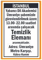 ÜMRANİYE ŞUBEMİZE TEMİZLİK ELEMANI