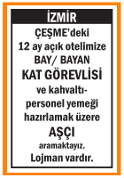 OTELİMİZE KAT GÖREVLİSİ VE AŞÇI İZMİR ÇEŞME
