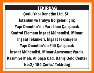 ÇORLU YAPI DENETİME PERSONELLER ALINACAKTIR