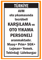 TEKİRDAĞ LÜLEBURGAZ OTO YIKAMA PERSONELİ ARANIYOR